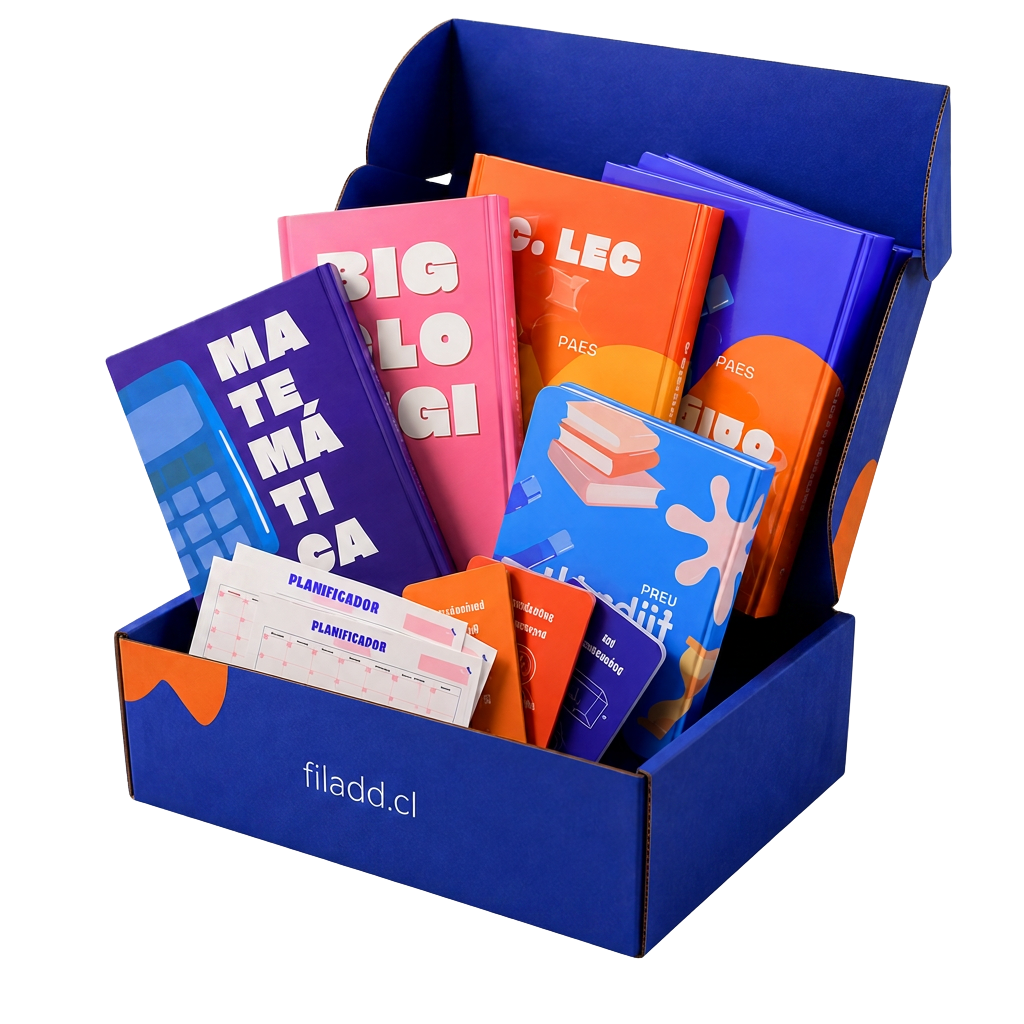 Kit físico Preu Filadd con libros PAES, flash cards y planificador dentro de una caja azul